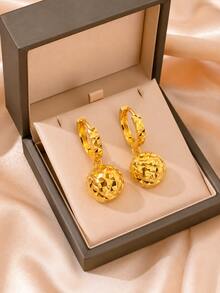 2PCS Classic Arab Style 24K Gold Plated Rust Proof Faceted Pattern Huggie & Mirror Gloss Carved Dome Drop Earrings For Women Eid & Celebrations - A - View 9