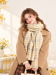1pc Korean Style Colorblock Plaid Women's Scarf With Tassel Design, Autumn/Winter Outfit Accessory - Multicolor - View 1