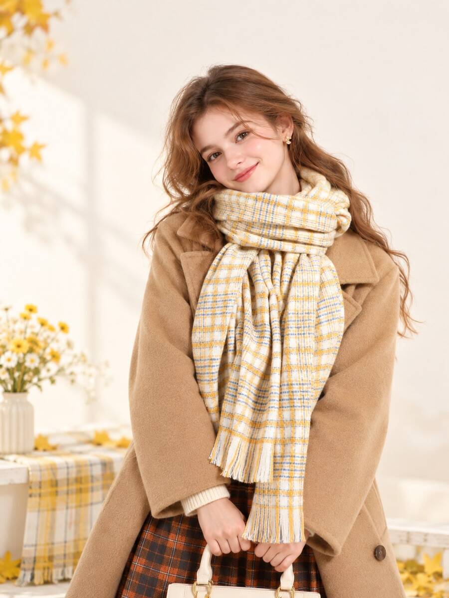 1pc Korean Style Colorblock Plaid Women's Scarf With Tassel Design, Autumn/Winter Outfit Accessory - Multicolor - View 1