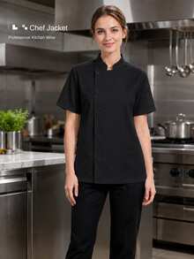 Women's Professional Black Chef Jacket, Classic Stand Collar Design, Woven Fabric, Regular Fit, Practical Workwear Fall - Black - View 6