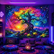 This 2D Flat Decorative Tapestry Features A Vibrant Universe Starry Sky Oil Painting Pattern With A Giant Tree, Which Glows Under Fluorescent Light, Perfect For Wall Decoration, Bedroom Backdrop Or Party Decor. - Multicolor - View 2