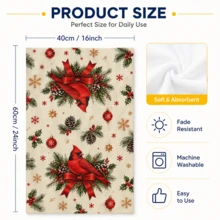 2pcs Christmas Kitchen Towels Watercolor Red Cardinal & Pinecone Print, Holiday Home Decor Opening Gift Suitable For Kitchen, Bathroom, Toilet, Winter Home Decor, Christmas Gift Set - Multicolor - View 6
