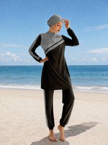 VFJ Women's Swimwear, Islamic Style 3 Pieces Swimwear Set, Gray And Pink Patchwork, Includes Headscarf Summer Vacation Beach - Dark Grey - View 6