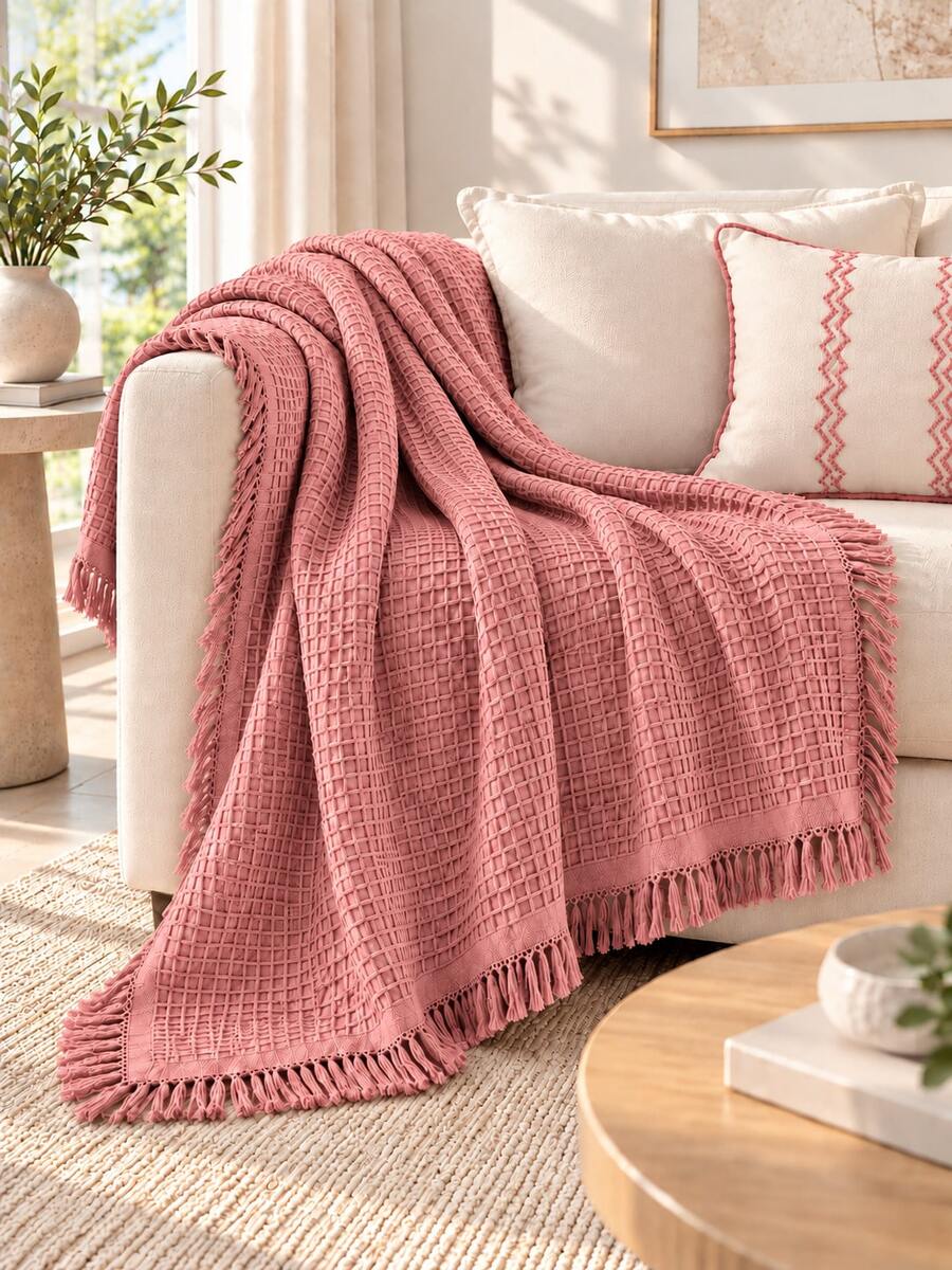 %100 Cotton Waffle Weave Bedspread-200x220 Cm- Minimalist Blanket With Fringe Knit Bed Cover - Pink - View 1