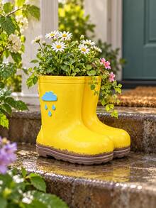 1pc Yellow Rain Boot Planter, Cute Boot-Shaped Flower Pot With Blue Cloud & Raindrop Details, Decorative Plant Container For Flowers & Greenery, Garden Table, Patio & Windowsill Decor, Gift For Plant Lovers - A - View 5