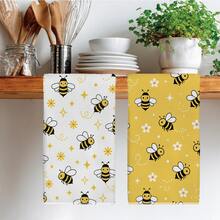 Cartoon Bee & Flower Pattern Kitchen Towel 2 Pieces Set, 40*60cm Soft Microfiber Material, Suitable For Home Kitchen Restaurant Outdoor Camping Tabletop Cleaning Dish Cloth Hand Towel Accessories, Fresh Pastoral Style Kitchen Towel Holiday Gift - Multicolor - View 2