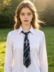 1PC Women's Vintage Navy Blue Striped Tie-Less Collar Pin, Colorful Rhinestone Cross Brooch, Butterfly Metal Chain, Y2K Shirt Collar Accessory - Bow Tie Striped Tie - View 6