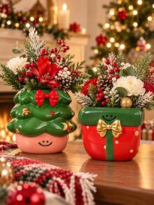 1pc Christmas Tabletop Decor Set, Cute Holiday Flower Vases In Tree And Present Designs, Festive Red Green Centerpieces For Living Room, Dining Table, Fireplace Mantel And Shelf - A - View 5