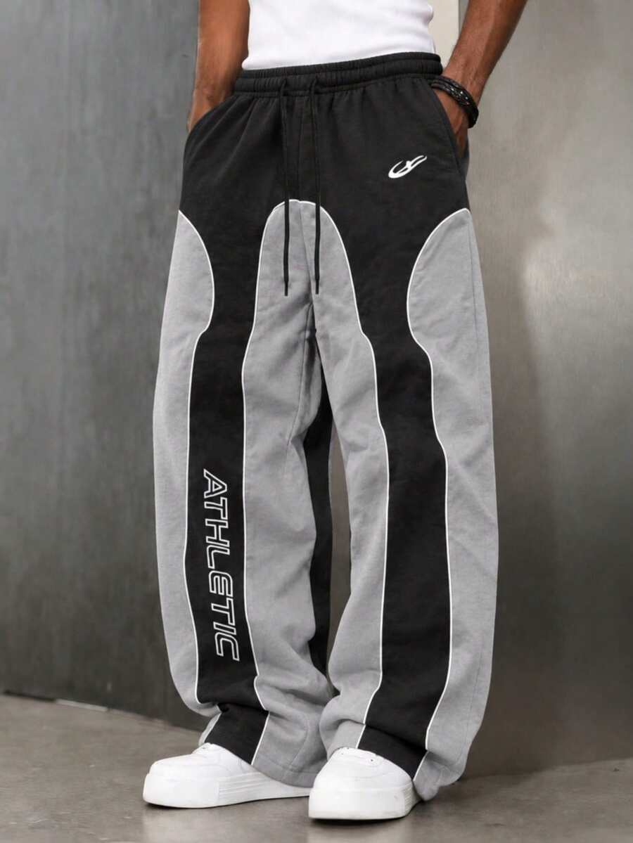 1pc Men's Black & Gray Colorblock Wide Leg Casual Pants, Elastic Waist With Drawstring Design, Line & Colorblock Design, Letter Print, Drawstring Waistband, Elastic Waistband, Multiple Colors, Couple Gift, Men's Long Pants, Gift For Boyfriend - Multicolor - View 1