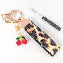 Short Leopard Print Keychain With Rhinestone Cherry Charm, YK2 Fashion Leopard Pattern Unisex Leather Keychain, Exquisite Women's Keychain With Double Leather Strap, Suitable For Any Car Model, Premium Car Keychain - Rhinestone Cherry Style - View 9