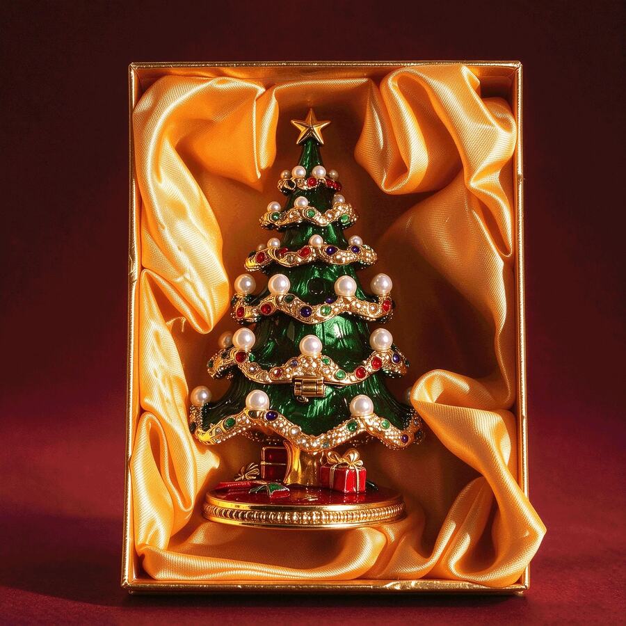 Christmas Tree Enamel Trinket Box, Pearl & Rhinestone Inlaid Hand Painted Metal Ornament, Magnetic Closure Mini Jewelry Storage Box, With Premium Gift Box, Desktop Holiday Table Decor, Christmas Gift For Women, Girls & Friends - 1pc - View 1