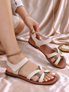 New Toe Cap Back Strap Colorblock Leaf Decor Flat Sandals Casual Vacation Style Daily Commute Holiday Outing Black Flat Sandals Beige Colorblock Flat Sandals - Beige - View 2
