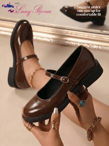 LangMoon Ashlee LangMoon 2026 Glossy Brown Single Buckle Round Toe Mary Jane Low Heel Pumps, With Cushioned Insole, Vintage Apartment Campus College Style Y2K, Elegant All-Season Daily Walking - Brown - View 2