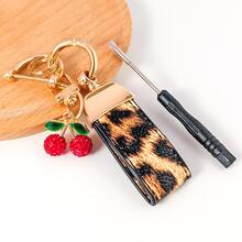 Short Leopard Print Keychain With Rhinestone Cherry Charm, YK2 Fashion Leopard Pattern Unisex Leather Keychain, Exquisite Women's Keychain With Double Leather Strap, Suitable For Any Car Model, Premium Car Keychain - Rhinestone Cherry Style - View 3