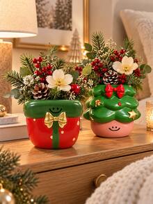 1pc Christmas Tabletop Decor Set, Cute Holiday Flower Vases In Tree And Present Designs, Festive Red Green Centerpieces For Living Room, Dining Table, Fireplace Mantel And Shelf - A - View 1