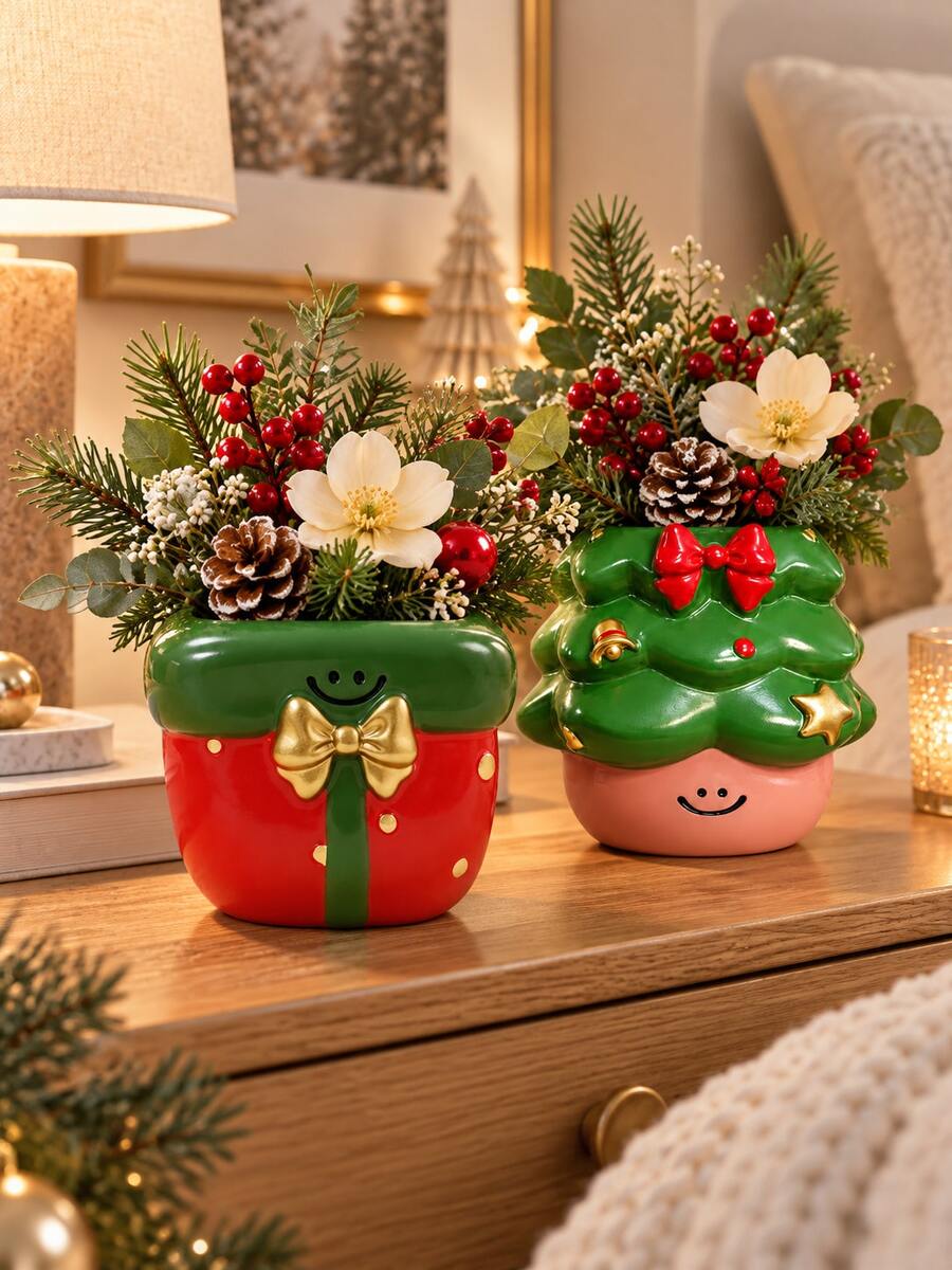 1pc Christmas Tabletop Decor Set, Cute Holiday Flower Vases In Tree And Present Designs, Festive Red Green Centerpieces For Living Room, Dining Table, Fireplace Mantel And Shelf - A - View 1
