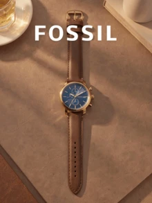 Fossil BQ2848 Rhett Men's Multi-Function Quartz Watch, 42mm Blue Dial Brown LiteHide Leather Wristwatch - Gold - View 4