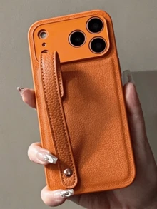奢華荔枝紋人造皮革腕帶式棕色手機殼，適用於 iPhone 18 ProMax 18 Pro 18 17 16 15 14 13 Pro Max 12 11，女士優雅軟質背蓋 - 橘色荔枝紋 - 查看 2