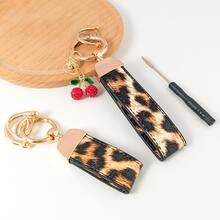 Short Leopard Print Keychain With Rhinestone Cherry Charm, YK2 Fashion Leopard Pattern Unisex Leather Keychain, Exquisite Women's Keychain With Double Leather Strap, Suitable For Any Car Model, Premium Car Keychain - Rhinestone Cherry Style - View 6