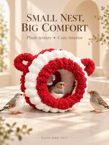 Bird Houses & Nests 1pc Red & White Plush Bird Nest, Soft Round Hideaway With Cute Twin Ears, Semi-Enclosed Design, Cozy Lining & Rear Attachment, Small Bird Resting Hut For Finches & Zebra Finches, Indoor Bird Cage Accessory For Fall & Winter - View 9