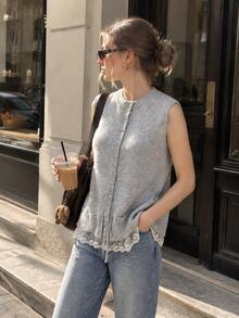 Women's Sleeveless Round Neck Knit Top With Pearl Buttons And Drawstring Hem, Fashionable Contrast Lace Layering Vest, Perfect For Fall Casual Wear - Light Grey - View 2