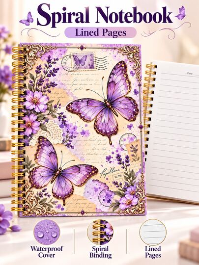 1pc 14cmx20cm Vintage Purple Butterfly & Floral Collage Spiral Notebook, Waterproof Cover Lined Journal, Suitable For Office Notes, School Supplies, Travel Essentials, Christmas, Halloween, Pink Christmas Gift, Men's Gift, Women's Gift, New Year Gift For Classmates, Friends, Colleagues