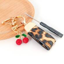 Short Leopard Print Keychain With Rhinestone Cherry Charm, YK2 Fashion Leopard Pattern Unisex Leather Keychain, Exquisite Women's Keychain With Double Leather Strap, Suitable For Any Car Model, Premium Car Keychain - Rhinestone Cherry Style - View 4