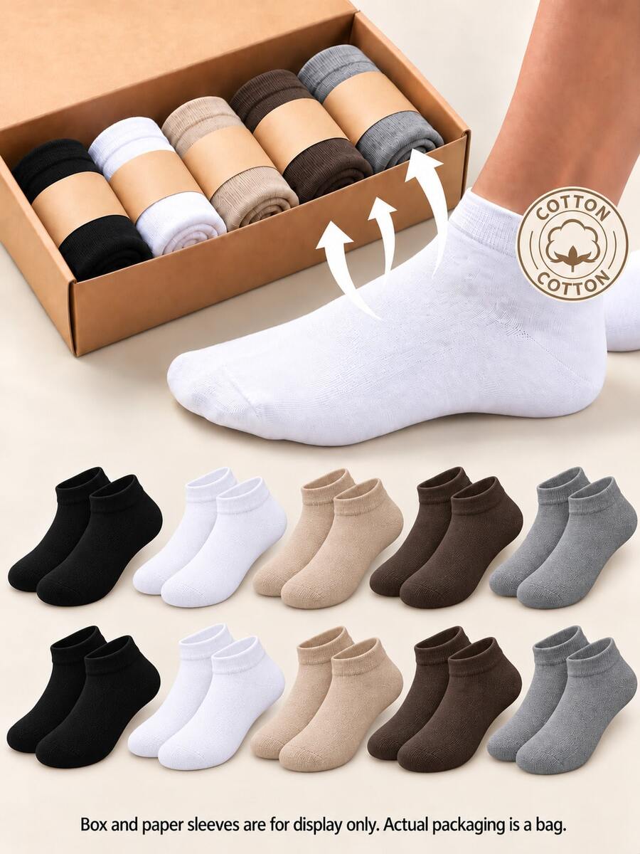 10 đôi tất nam cổ thấp ngắn bằng cotton, tất thuyền cơ bản trơn 5 màu, unisex, phù hợp mặc thường ngày và đi làm - Nhiều màu - Xem 1