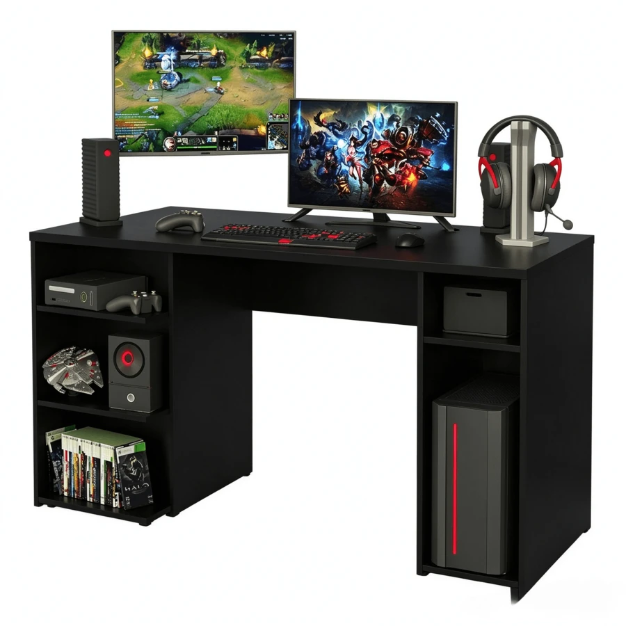 Mesa Gamer Escritorio para Computador 9409 NN, Color Negro, con Espacio para Monitor, Torre, Consola y Accesorios de Gaming, Estructura Resistente, para PC, Consolas y Oficina en Casa