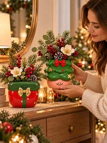 1pc Christmas Tabletop Decor Set, Cute Holiday Flower Vases In Tree And Present Designs, Festive Red Green Centerpieces For Living Room, Dining Table, Fireplace Mantel And Shelf - A - View 6