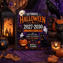 027-2030 Sổ kế hoạch tháng 4 năm, sổ kế hoạch gáy xoắn chủ đề Halloween, bìa vintage tối màu họa tiết bí ngô và mèo đen, nhật ký tháng liên tục 4 năm, sổ ghi chép quản lý thời gian, sổ sáng tạo Halloween, phù hợp để lập kế hoạch mục tiêu dài hạn và lưu trữ hồ sơ hàng năm - Kiểu 1 - Xem 2
