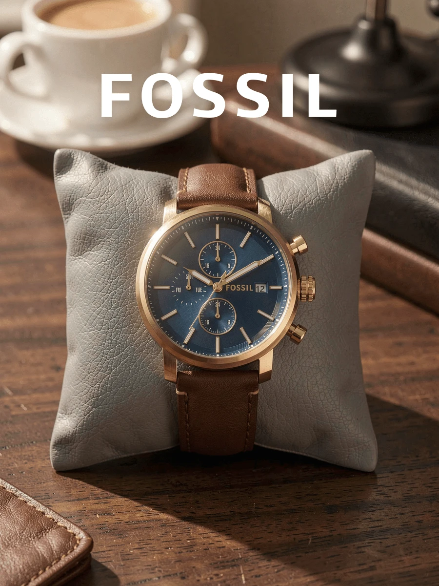 Fossil BQ2848 Rhett Men's Multi-Function Quartz Watch, 42mm Blue Dial Brown LiteHide Leather Wristwatch - Gold - View 1