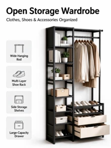 Open Metal Garment Rack With Drawers & Shoe Shelf, Heavy Duty Clothes Hanging Organizer, Space Saving Open Wardrobe For Bedroom Balcony Dorm, Perfect For Apartment Renters - Multicolor - View 5