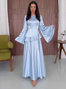 Women's Elegant Light Blue A-Line Maxi Dress, Ruffle Hem, Long Sleeve Round Neck Woven Fabric Formal Gown - Dusty Blue - View 5