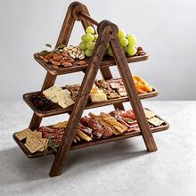 3-Tier Solid Wood Folding Dessert Stand, A-Frame Tiered Display Tray, Collapsible Afternoon Tea Fruit Platter, Cold Appetizer Cheese & Charcuterie Display Rack, Party Dessert & Snack Storage Tray - Brown - View 5