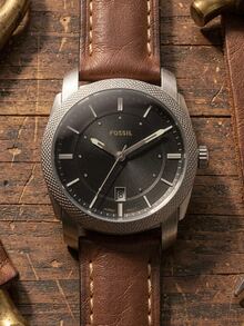 Fossil FS6081SET Machine Men's Quartz Watch Gift Set, 42mm Black Dial Brown Leather Watch & Stainless Steel Bracelet - Silver - View 3