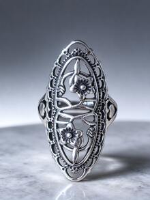 1pc Vintage Silver-Tone Hollow Carved Luxury Ring, Available In 4 Colors - Antique Silver - View 3