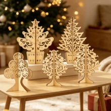 Large DIY Paintable Wooden Christmas Tree Ornament, Unpainted 3D Slot-Together Christmas Tree Figure, Laser Cut Hollow Pattern, Blank Surface For Graffiti Craft Activity, Christmas New Year Holiday Tabletop Decor, 4 Styles - Combo Pack - View 3