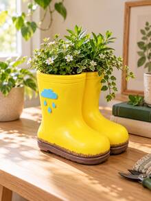 1pc Yellow Rain Boot Planter, Cute Boot-Shaped Flower Pot With Blue Cloud & Raindrop Details, Decorative Plant Container For Flowers & Greenery, Garden Table, Patio & Windowsill Decor, Gift For Plant Lovers - A - View 10