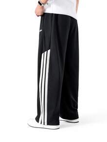 Adidas New Outdoor Running Elastic Lace-Up Wide-Leg Three-Stripe Sport Curved-Hem Pants - Black and White - View 3