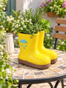 1pc Yellow Rain Boot Planter, Cute Boot-Shaped Flower Pot With Blue Cloud & Raindrop Details, Decorative Plant Container For Flowers & Greenery, Garden Table, Patio & Windowsill Decor, Gift For Plant Lovers - A - View 8
