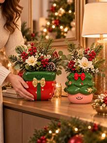 1pc Christmas Tabletop Decor Set, Cute Holiday Flower Vases In Tree And Present Designs, Festive Red Green Centerpieces For Living Room, Dining Table, Fireplace Mantel And Shelf - A - View 3