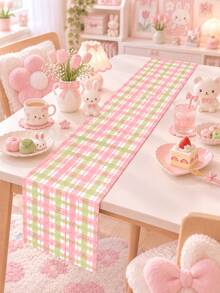 1pc Pink & Green Plaid Table Runner, Cute & Cozy Linen Texture Rectangular Dining Table Runner, Macaron Color Plaid, Soft Girl Style Kitchen & Dining Room Decor, Suitable For Spring, Summer, Housewarming, Brunch And Daily Use - Multicolor - View 4