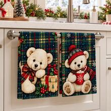 2pcs Plush Teddy Bear & Snowflake Christmas Kitchen Towels With Hot Cocoa & Candy Cane Pattern, Suitable For Kitchen, Bathroom, Toilet Holiday Kitchen Decor, Winter Home Decoration, Christmas Gift Set - Multicolor - View 2