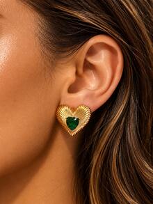 VceTd 1 Pair Elegant Style Green/Red Glass Heart Design Stainless Steel Stud Earrings For Women, Suitable For Vacation/Date Wear - Yellow Gold - View 3