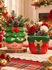 1pc Christmas Tabletop Decor Set, Cute Holiday Flower Vases In Tree And Present Designs, Festive Red Green Centerpieces For Living Room, Dining Table, Fireplace Mantel And Shelf - A - View 2