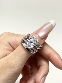 Women Silver Plated Stackable Ring Set, Oval Cut Clear Cubic Zirconia Multi-Band Stacking Rings, Bridal Statement Jewelry For Wedding Daily Wear - Silver - View 5