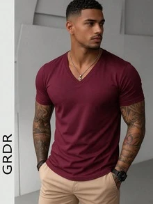 GRDR 男士时尚 V 领短袖 T 恤 | 精致设计 | 夏季必备 | 百搭易穿 | 展现您的风格 - 酒紅色 - 查看 3