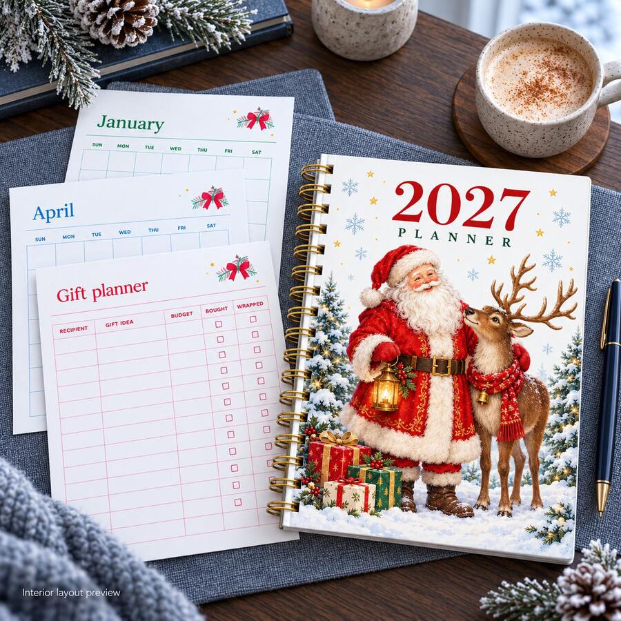 2027 Santa Claus & Reindeer Coil Planner, Vintage Christmas Snowy Landscape Gift Box Cover Diary, Winter Holiday Style Weekly & Monthly Planner Notebook, High-Aesthetic Time Management Check-In Book, Suitable For Adults & Students, Christmas Creative Notebook, Can Record To-Do Lists, Annual Goals & Daily Memos - Style 1 - View 1