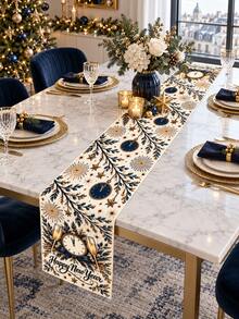 1pc Happy New Year Table Runner, Navy Blue & Gold Clock, Champagne Glass & Firework Print, Elegant Countdown Party Table Decoration For New Year's Eve Dinner, Kitchen, Dining Room & New Year Home Decor - Multicolor - View 5